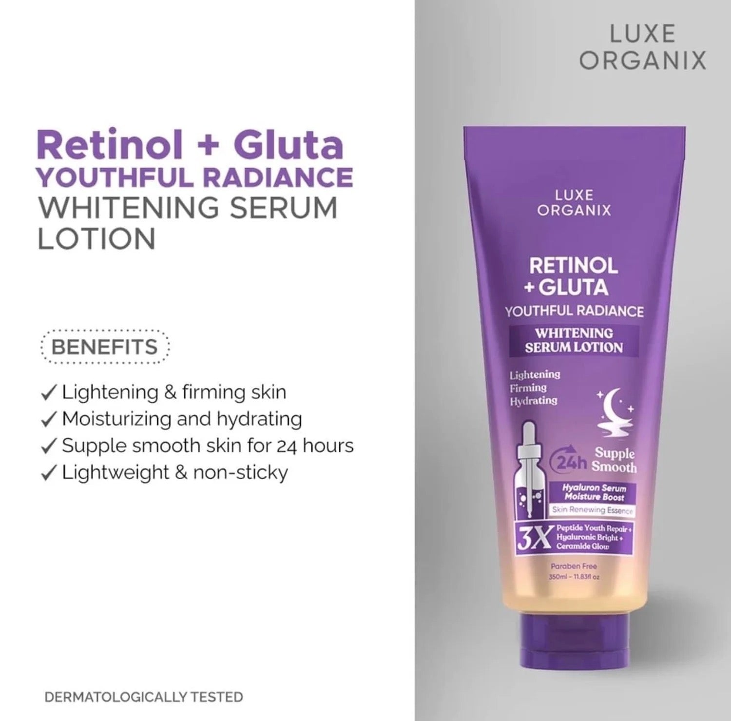 Luxe Organix Retinol + Gluta Youthful Radiance Whitening Serum Lotion 350ml