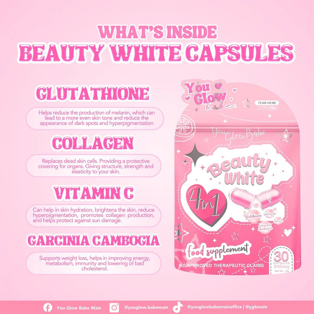 You Glow Babe Beauty White Glutathione 500mg 30 Capsules (30 × 0.5 g) 15g