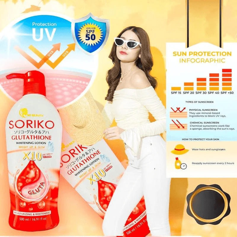 Soriko Glutathione Whitening Lotion X10 SPF50 PA+++  500ml