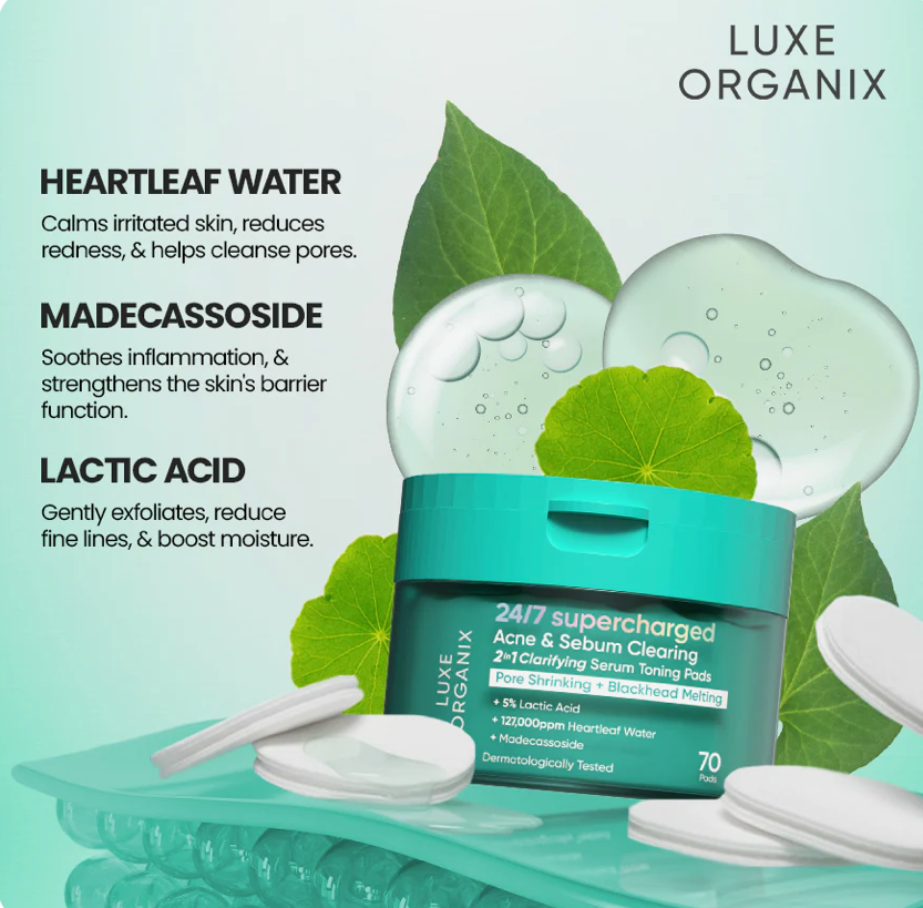 Luxe Organix 24/7 Supercharged Ache & Serum Clearing 2 In One Clarifying Serum Toning Pads 70Pads
