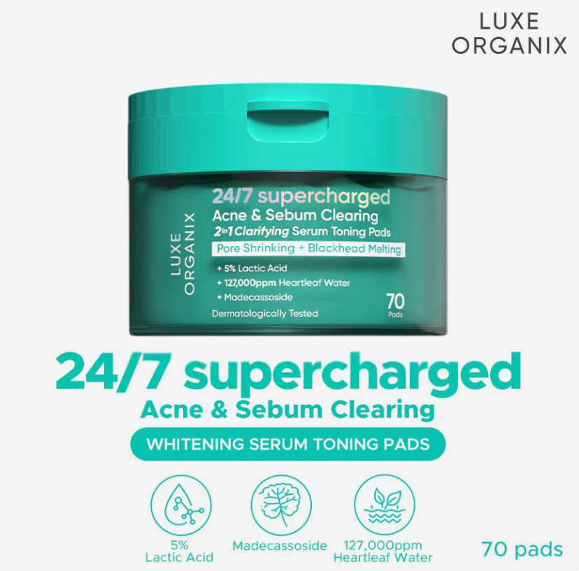 Luxe Organix 24/7 Supercharged Ache & Serum Clearing 2 In One Clarifying Serum Toning Pads 70Pads